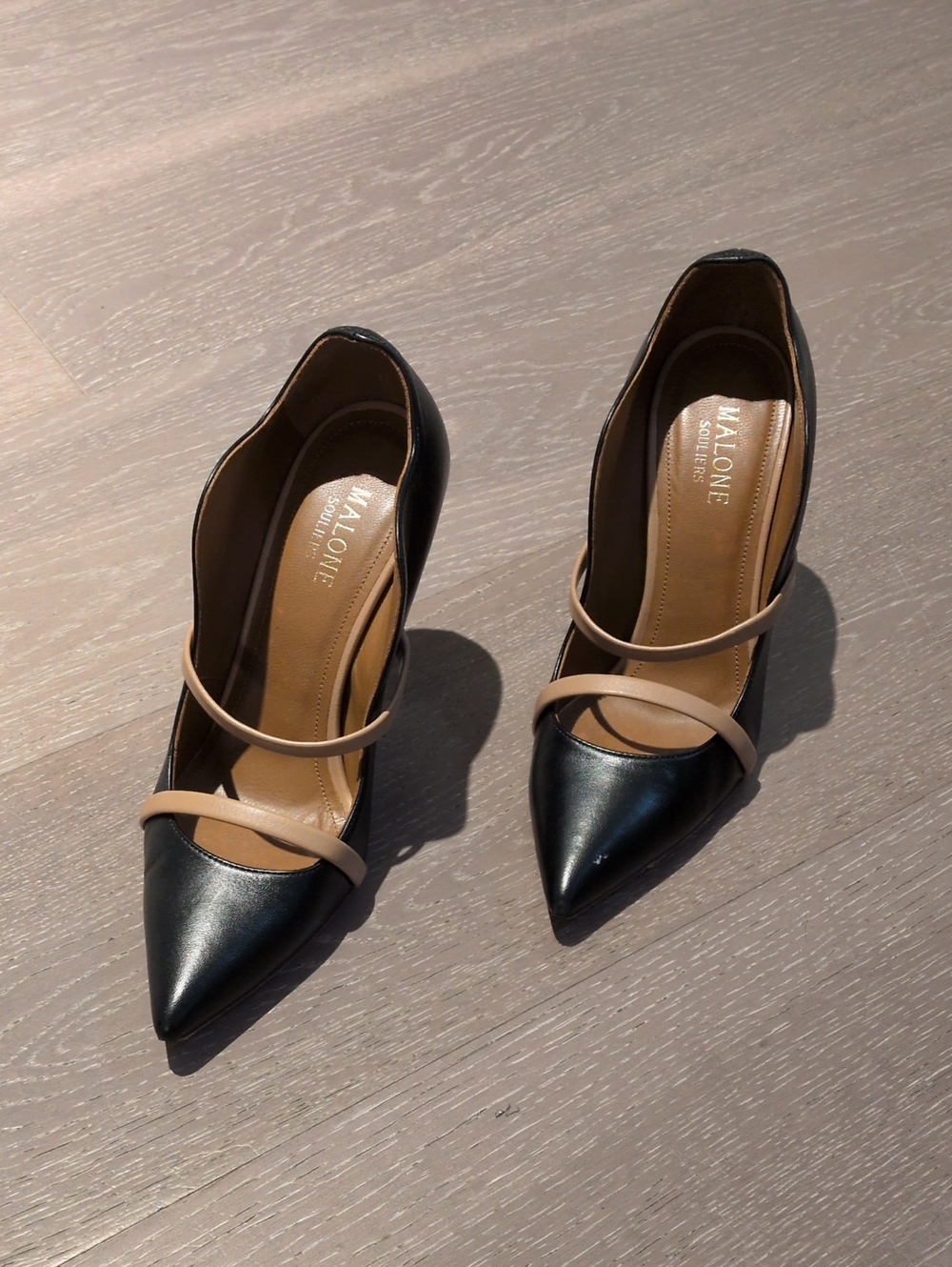 Malone Souliers Black Pointed Pumps with Beige Double Straps